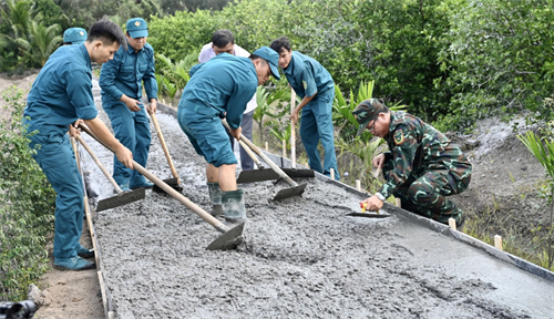 Lực lượng vũ trang huyện Bến Lức tham gia làm đường giao thông nông thôn