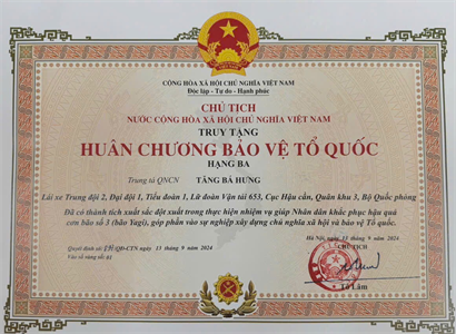 Truy tặng Huân chương Bảo vệ Tổ quốc hạng Ba cho Trung tá quân nhân chuyên nghiệp Tăng Bá Hưng